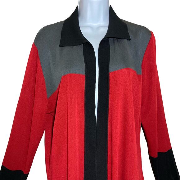 Exclusively Misook Medium Cardigan Jacket Red Gray Black Colorblock Open Front - Picture 3 of 16